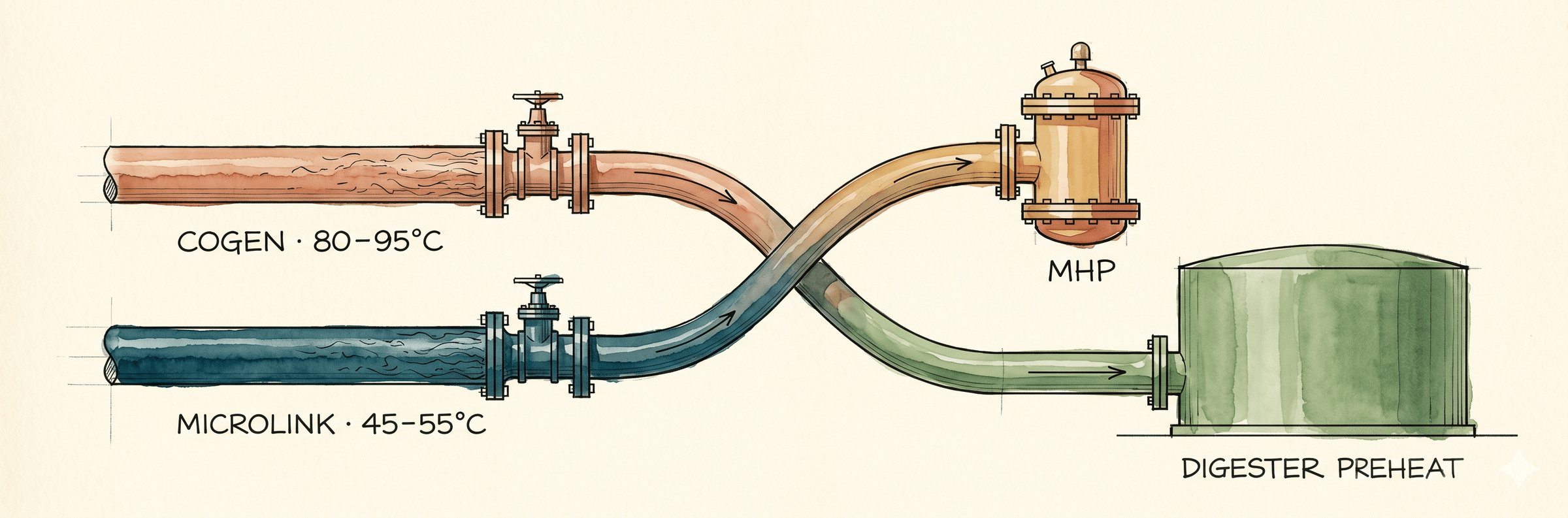 Thermal substitution model showing cogen heat redirected to MHP and MicroLink heat substituting on digester preheat