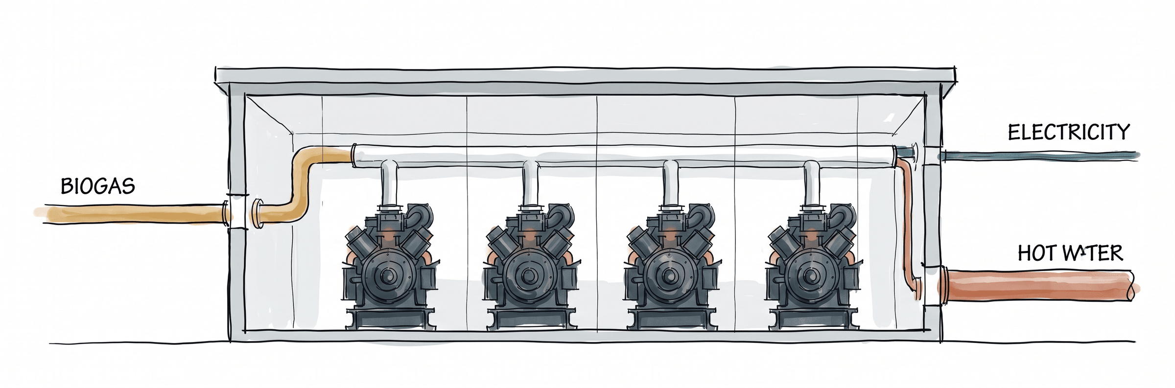 Cogeneration engine hall, four V-engines with biogas inlet, electricity and hot water outputs