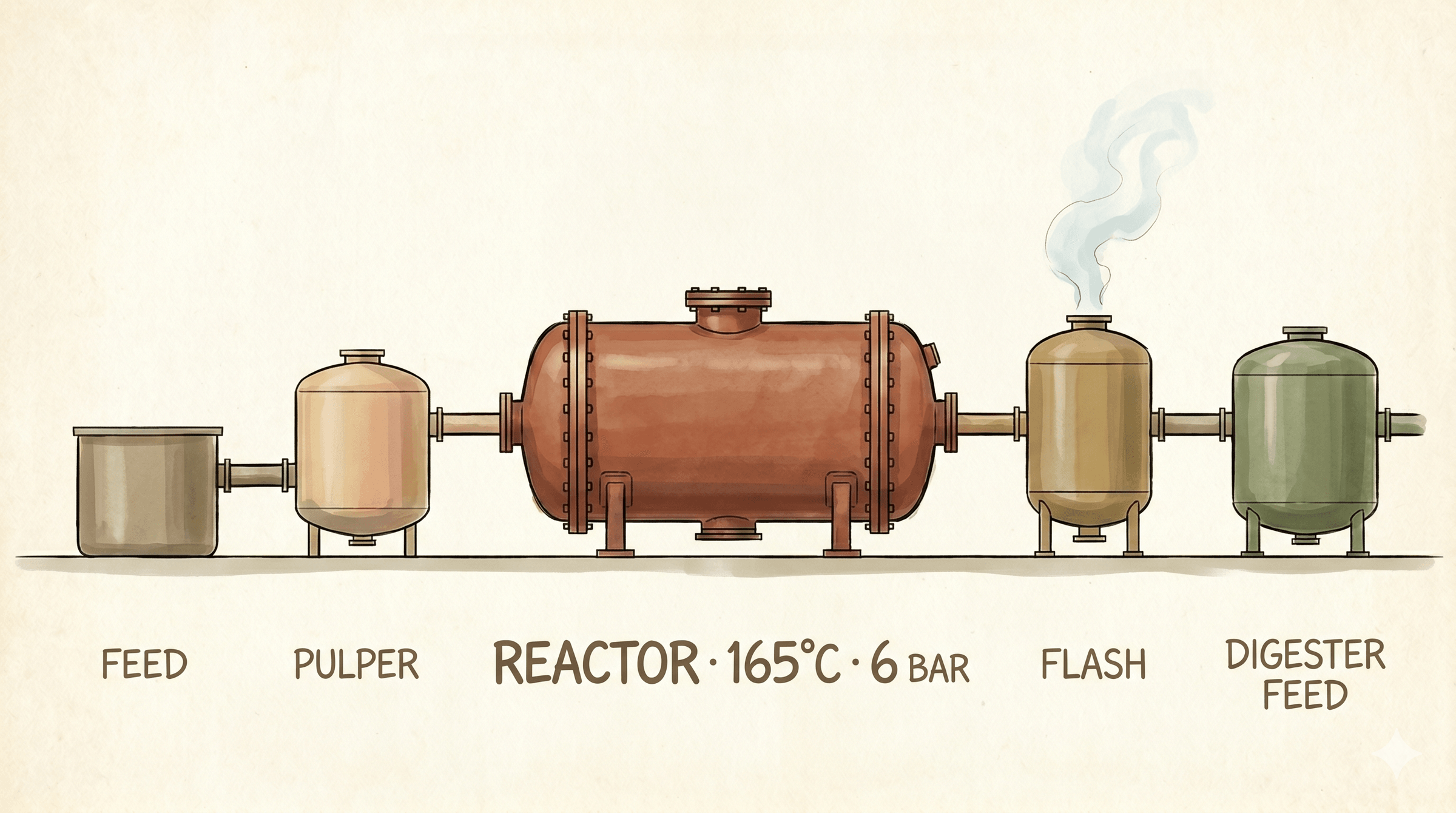 Thermal hydrolysis process train: feed, pulper, reactor at 165 C and 6 bar, flash tank, digester feed