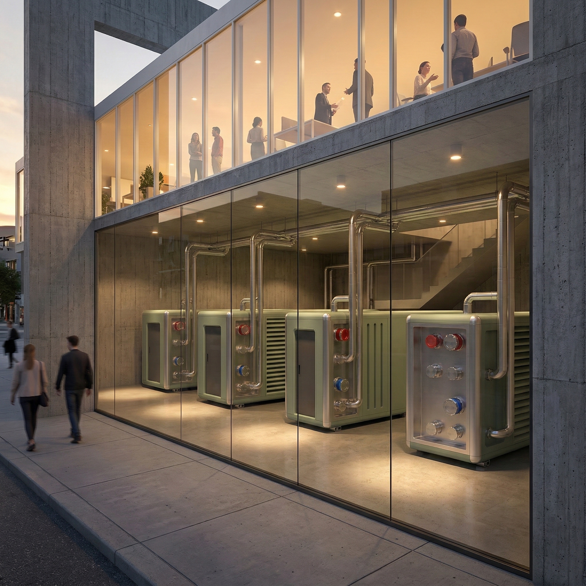 MicroLink glass-fronted facility with green compute pods, evening