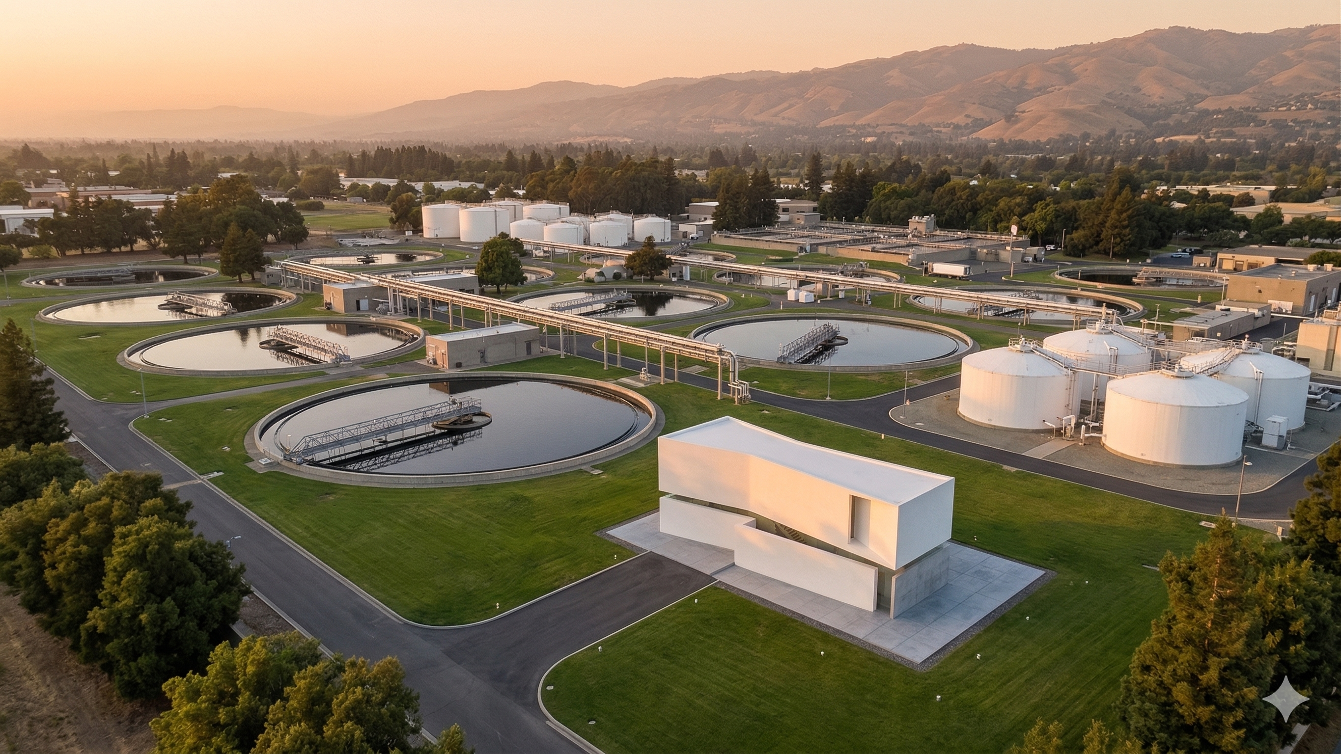 San José–Santa Clara RWF aerial at dusk with mountains
