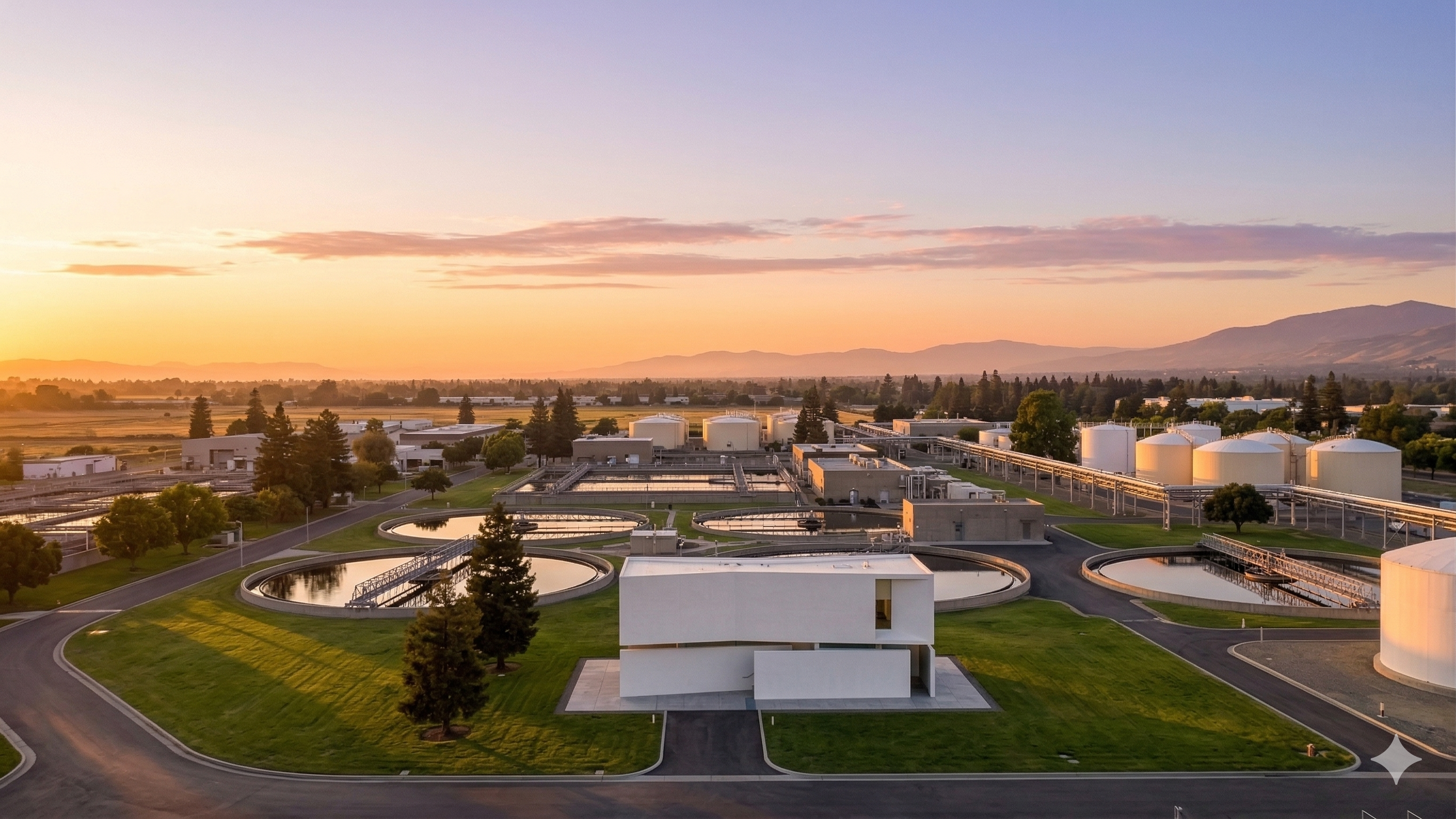 San José–Santa Clara RWF aerial at golden hour, mountains in distance