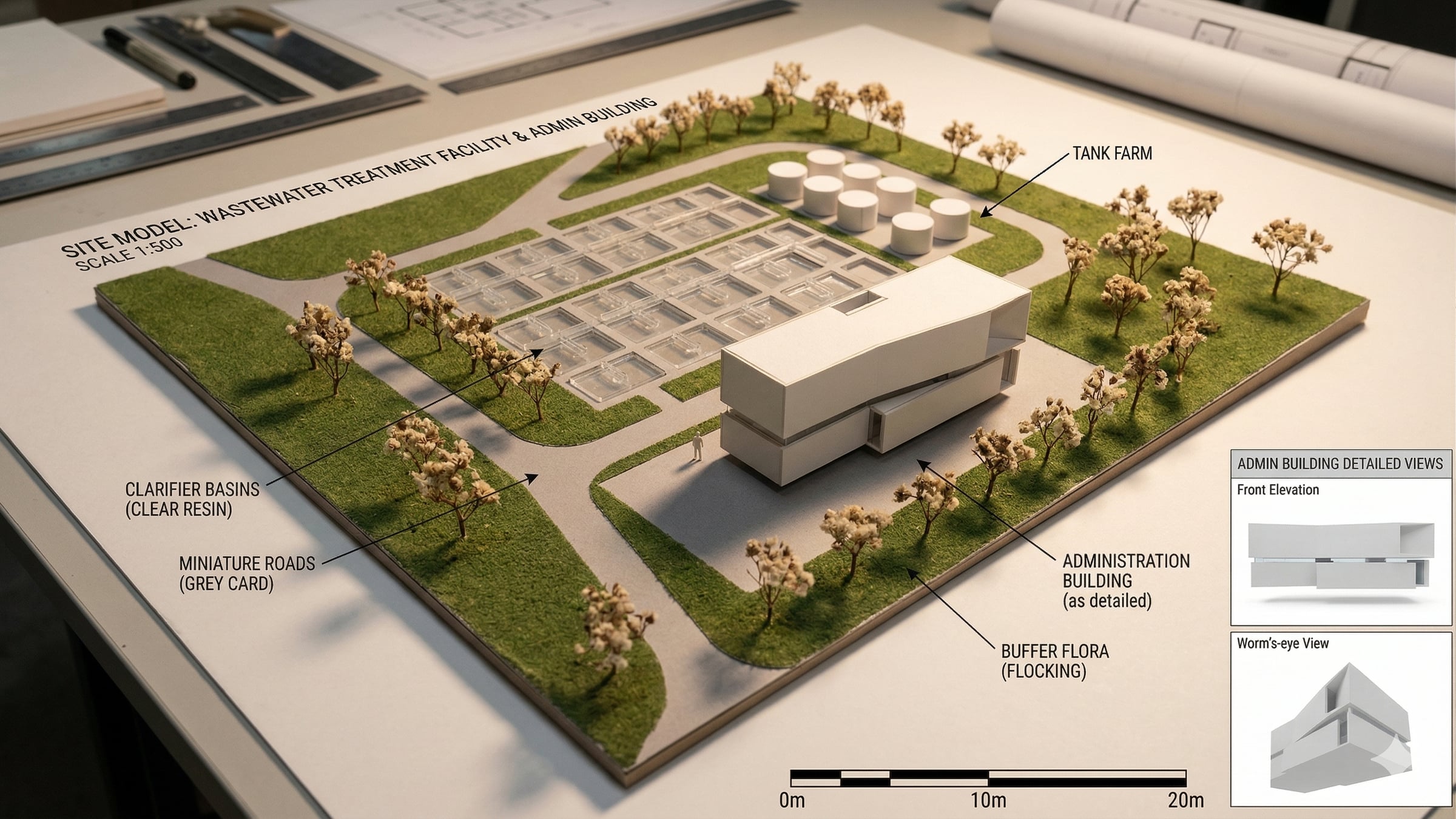 Architectural site model — WWTP and admin building