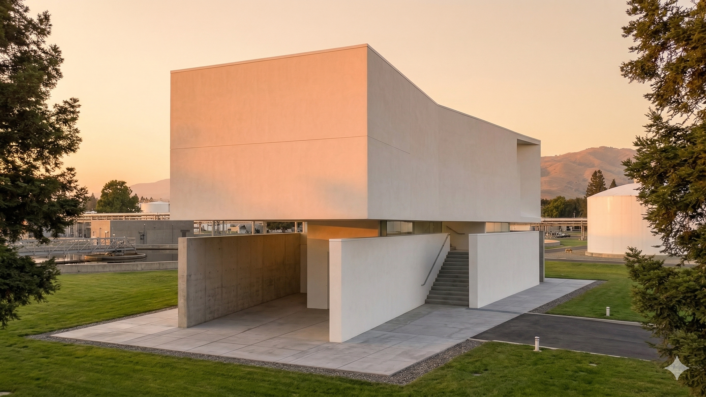 MicroLink concrete pavilion at sunset with mountains