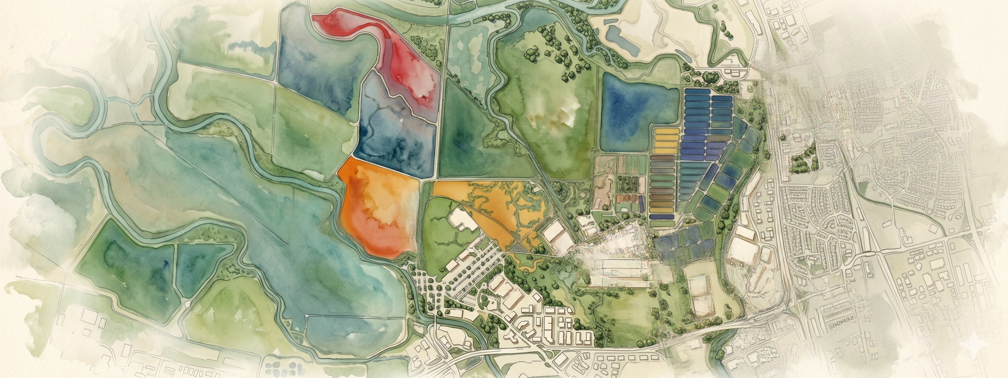 Watercolour aerial — wider site context with surrounding fields