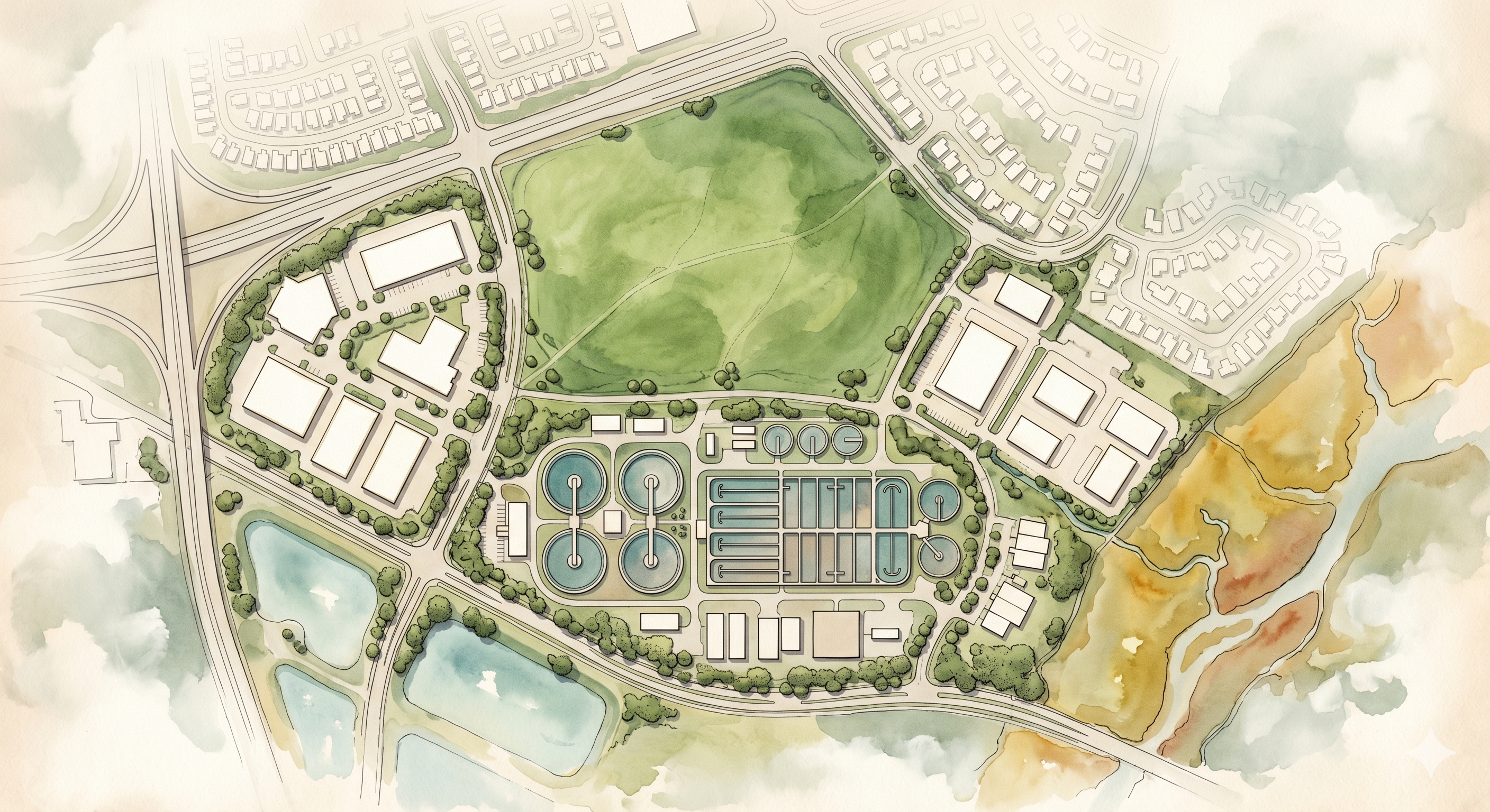 Watercolour aerial — RWF clarifier basins and treatment cells